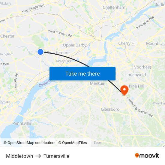 Middletown to Turnersville map