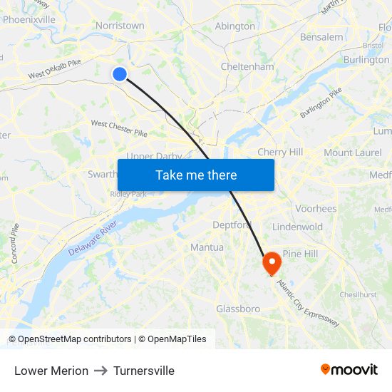 Lower Merion to Turnersville map