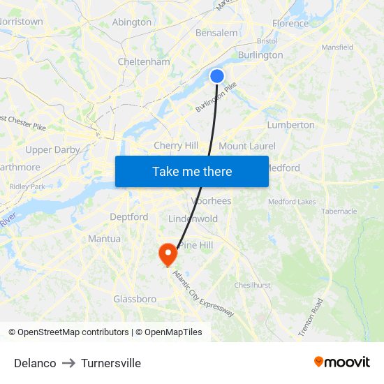 Delanco to Turnersville map