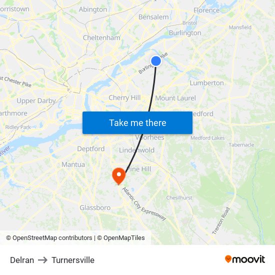 Delran to Turnersville map
