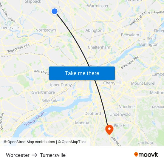 Worcester to Turnersville map