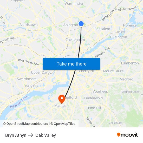 Bryn Athyn to Oak Valley map