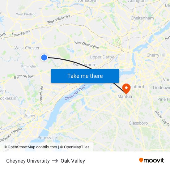 Cheyney University to Oak Valley map