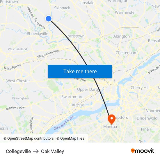 Collegeville to Oak Valley map