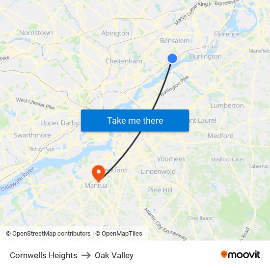 Cornwells Heights to Oak Valley map