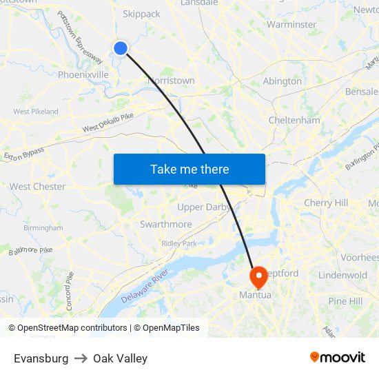 Evansburg to Oak Valley map