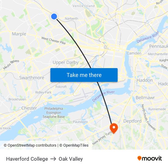Haverford College to Oak Valley map