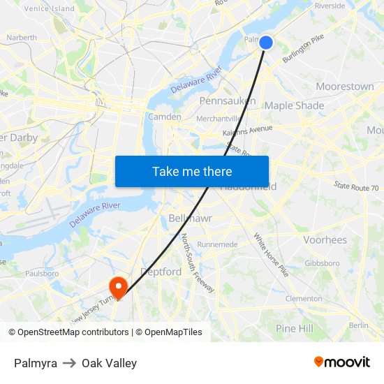 Palmyra to Oak Valley map