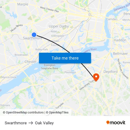 Swarthmore to Oak Valley map