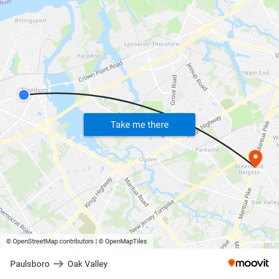 Paulsboro to Oak Valley map