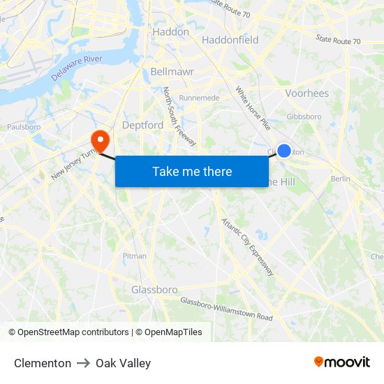 Clementon to Oak Valley map