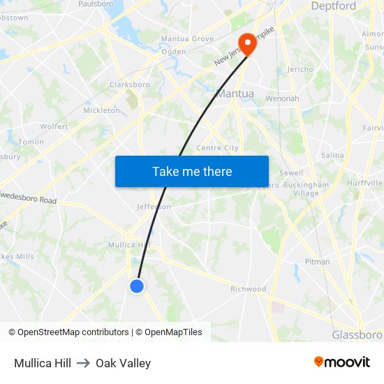 Mullica Hill to Oak Valley map