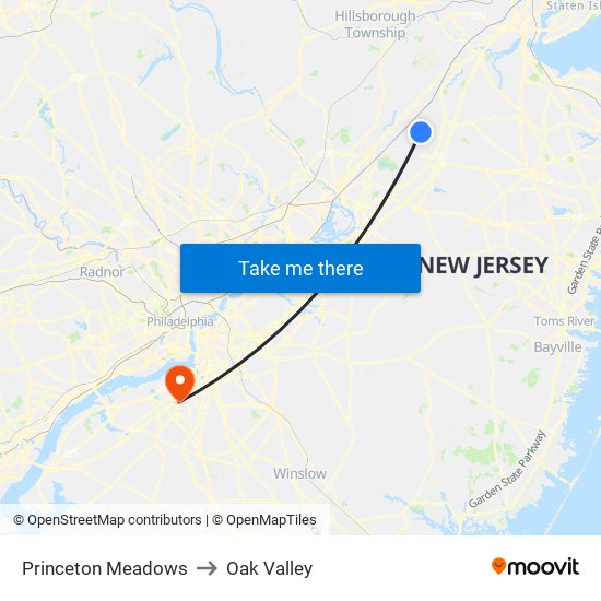 Princeton Meadows to Oak Valley map