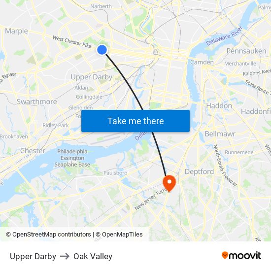 Upper Darby to Oak Valley map