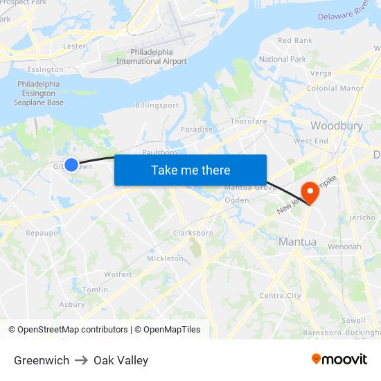 Greenwich to Oak Valley map