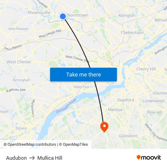 Audubon to Mullica Hill map