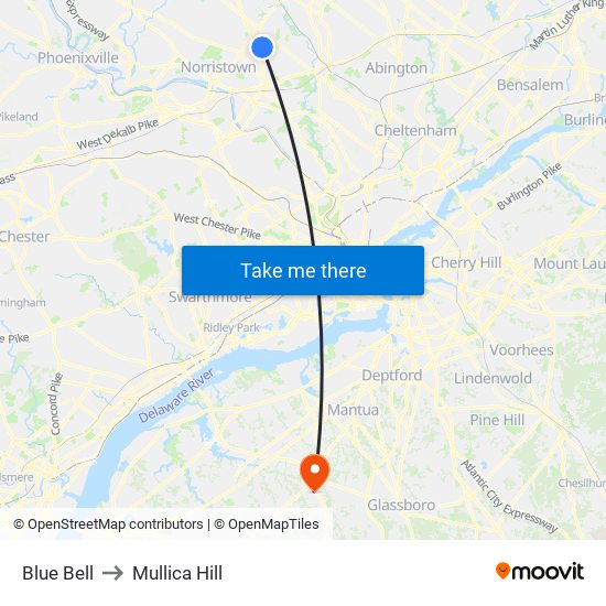 Blue Bell to Mullica Hill map