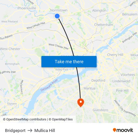Bridgeport to Mullica Hill map