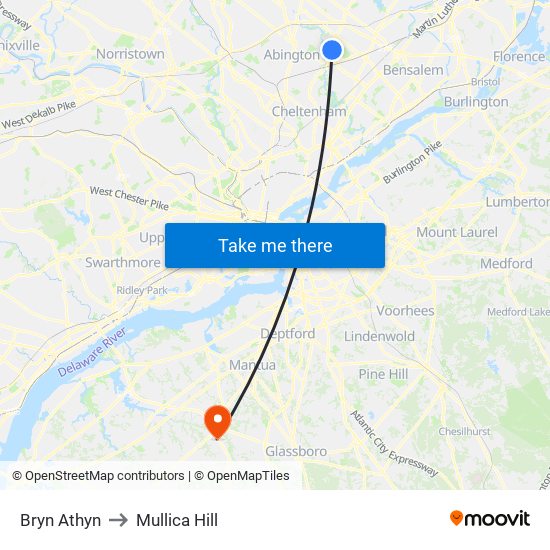 Bryn Athyn to Mullica Hill map