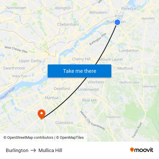 Burlington to Mullica Hill map