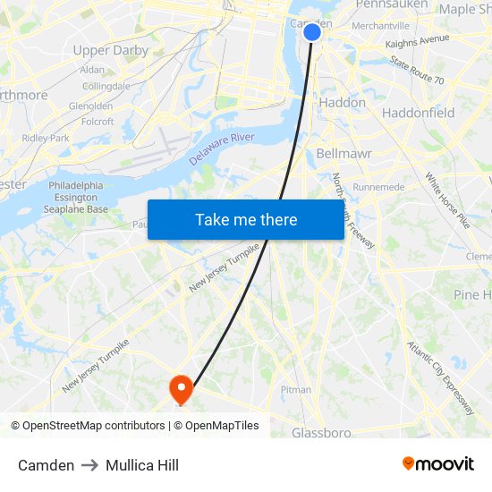 Camden to Mullica Hill map