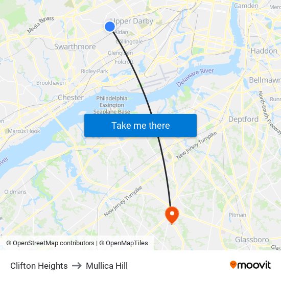 Clifton Heights to Mullica Hill map