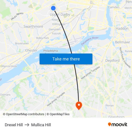 Drexel Hill to Mullica Hill map