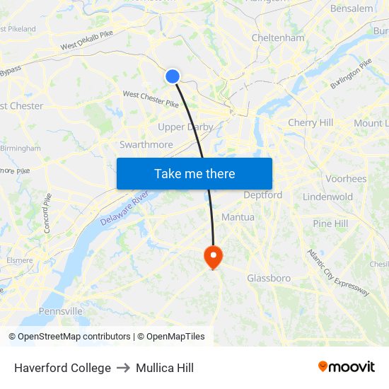 Haverford College to Mullica Hill map