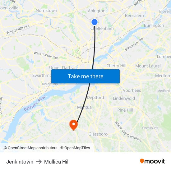 Jenkintown to Mullica Hill map