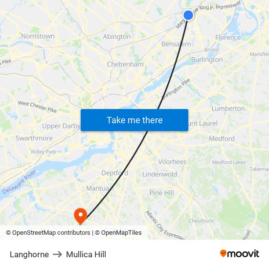 Langhorne to Mullica Hill map