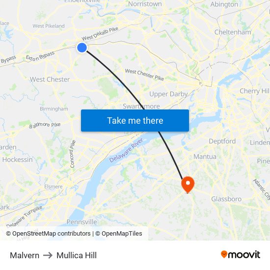 Malvern to Mullica Hill map