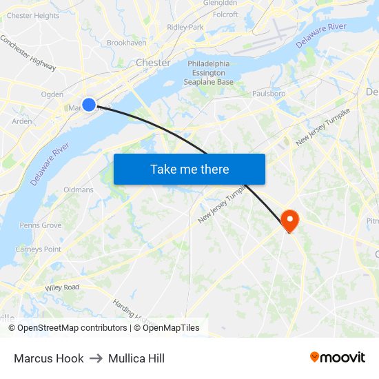 Marcus Hook to Mullica Hill map