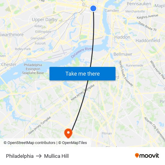 Philadelphia to Mullica Hill map