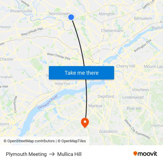 Plymouth Meeting to Mullica Hill map