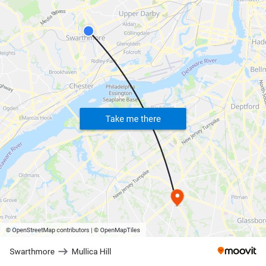 Swarthmore to Mullica Hill map