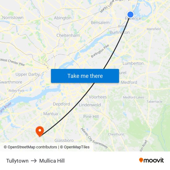 Tullytown to Mullica Hill map