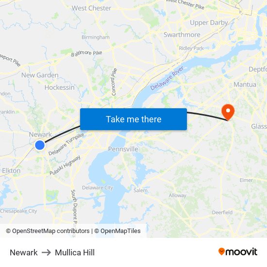 Newark to Mullica Hill map