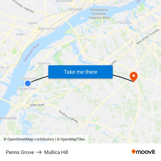 Penns Grove to Mullica Hill map