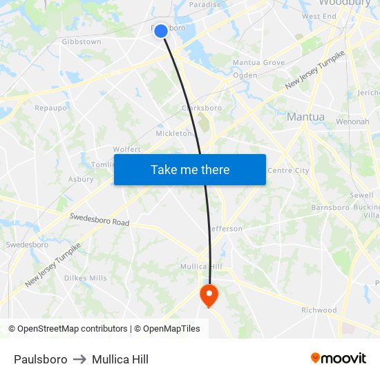 Paulsboro to Mullica Hill map