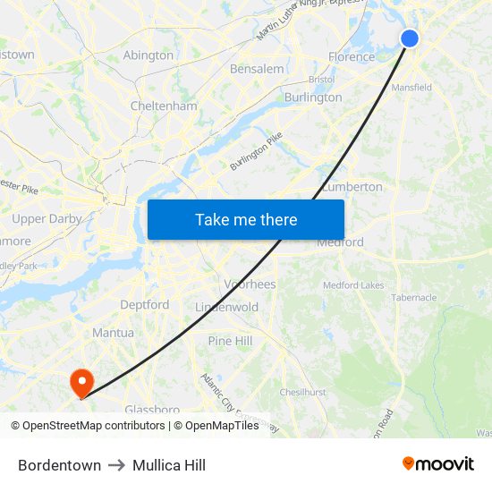 Bordentown to Mullica Hill map