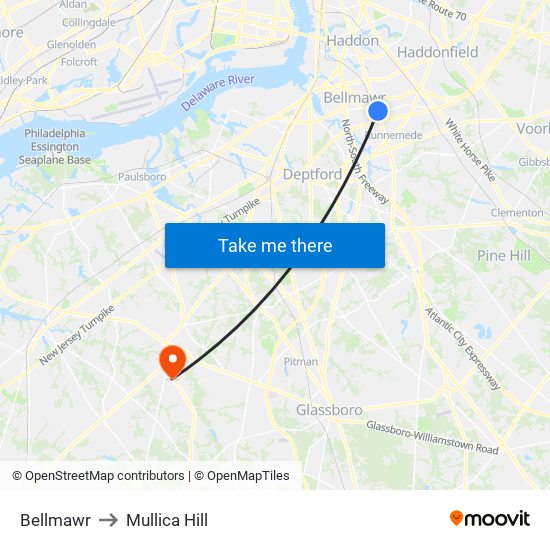 Bellmawr to Mullica Hill map