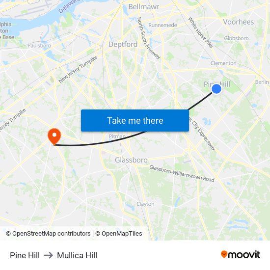 Pine Hill to Mullica Hill map