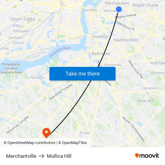 Merchantville to Mullica Hill map