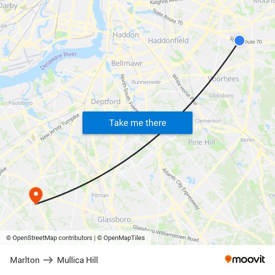 Marlton to Mullica Hill map