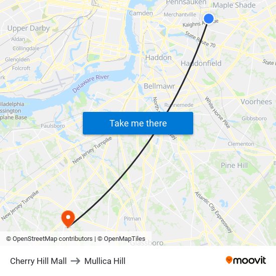 Cherry Hill Mall to Mullica Hill map