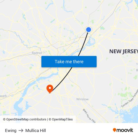 Ewing to Mullica Hill map