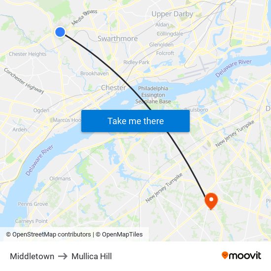 Middletown to Mullica Hill map