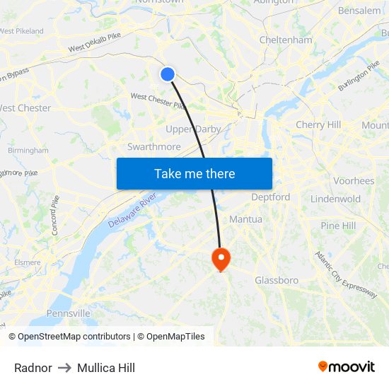 Radnor to Mullica Hill map