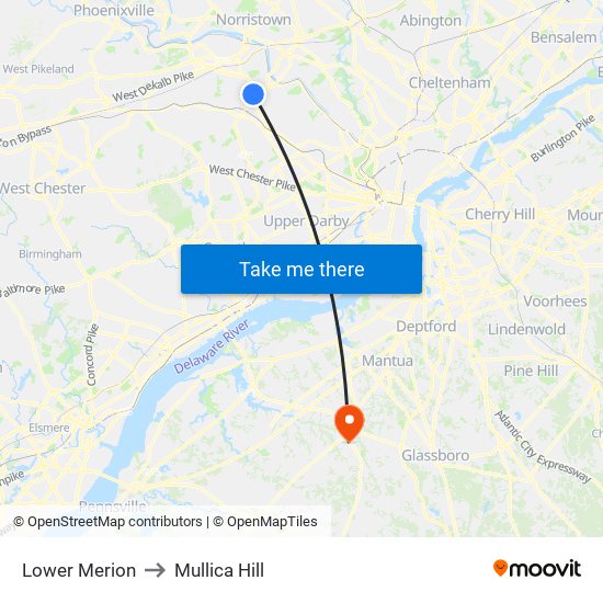 Lower Merion to Mullica Hill map