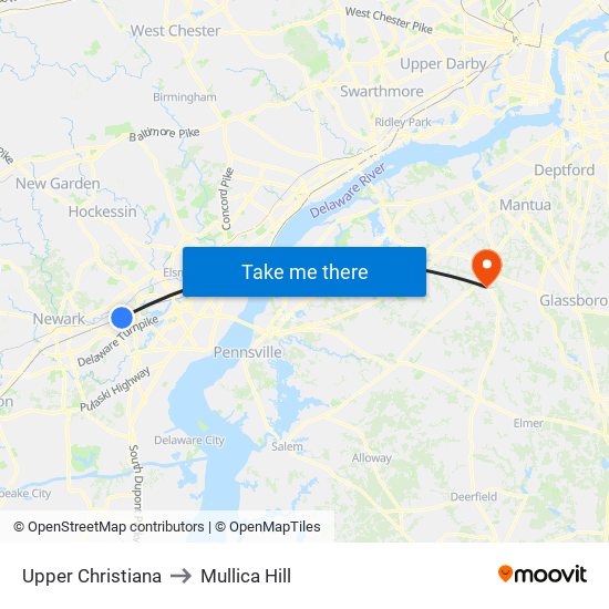 Upper Christiana to Mullica Hill map